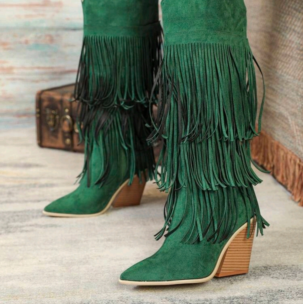 Fashion Green Knee-High Geometric Fringed Comfortable Faux Suede Thick Heel Boot - Picture 2 of 6